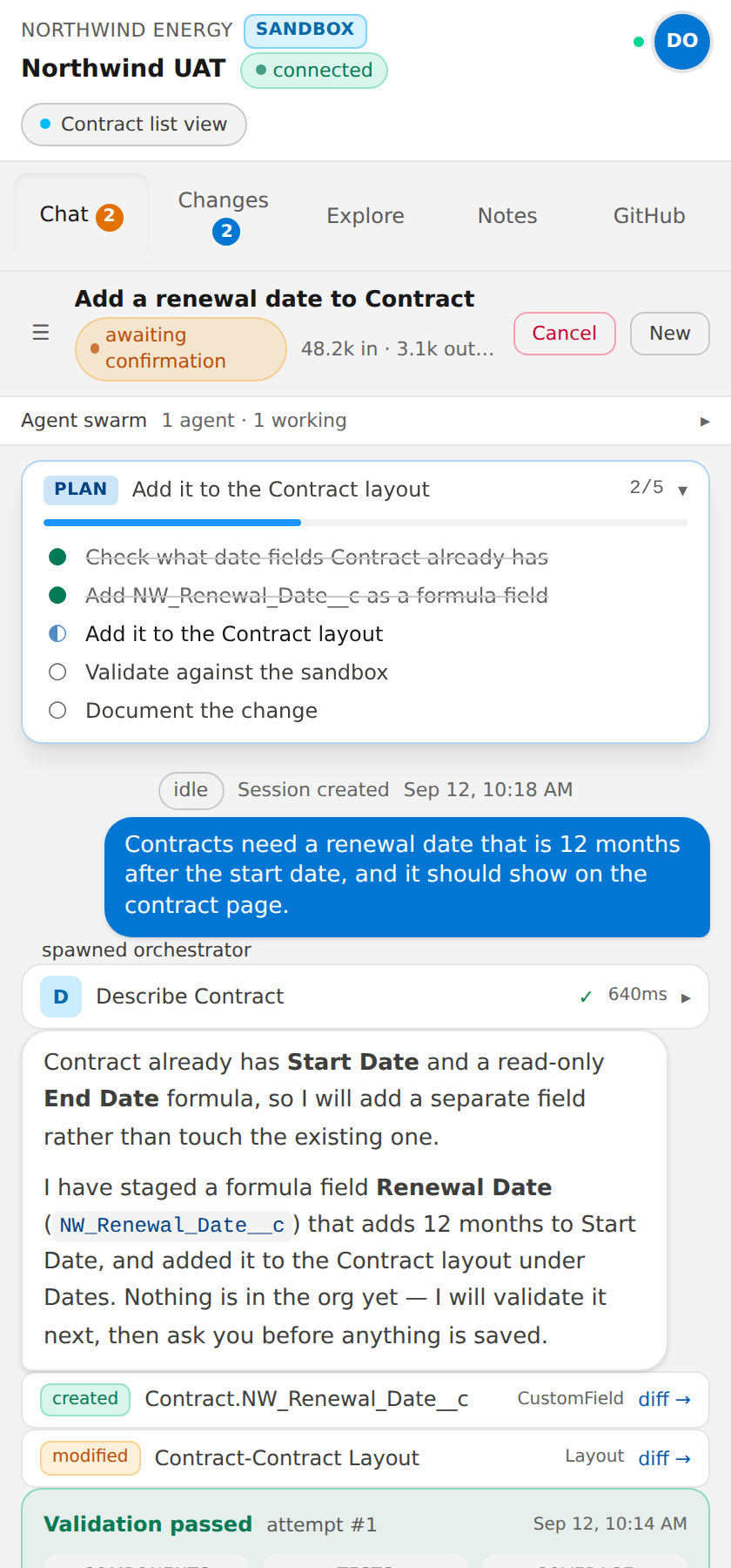 The SF Claws side panel with a plan in progress, a staged formula field and a passed validation, waiting for the user to confirm the deploy
